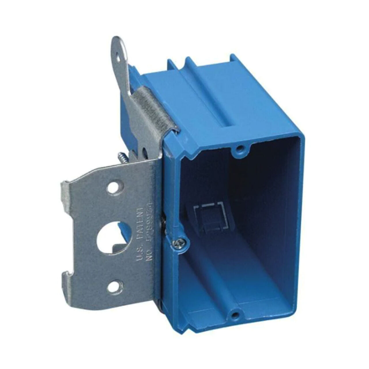 The Go Build 1-Gang 21 cu. in. PVC New Work Electrical Box with Adjustable Bracket is designed for wall installation of outlets or switches, offering easy adjustment and durable PVC construction.